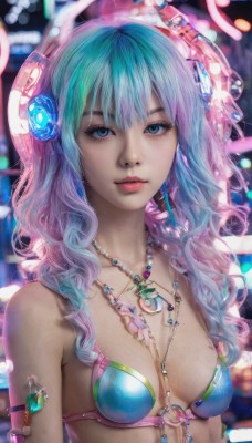 1girl,solo,long hair,breasts,looking at viewer,bangs,blue eyes,hair ornament,cleavage,bare shoulders,jewelry,medium breasts,closed mouth,blue hair,collarbone,swimsuit,upper body,pink hair,bikini,multicolored hair,small breasts,necklace,blurry,lips,eyelashes,aqua hair,gradient hair,makeup,blurry background,headphones,wavy hair,gem,bikini top only,blue bikini,armlet,o-ring,realistic,nose,earrings,artist name,pink lips,mascara