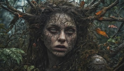 1girl,solo,looking at viewer,black hair,green eyes,outdoors,parted lips,horns,teeth,blurry,tree,lips,grey eyes,leaf,plant,portrait,nature,forest,realistic,branch,antlers,long hair,closed mouth,messy hair,close-up