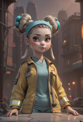 1girl,solo,looking at viewer,blush,brown hair,shirt,long sleeves,brown eyes,jewelry,closed mouth,jacket,upper body,hairband,earrings,outdoors,open clothes,artist name,hair bun,nail polish,blurry,open jacket,lips,double bun,depth of field,blurry background,blue shirt,building,forehead,city,yellow jacket,blue hairband,hair ornament,makeup,lipstick,freckles,brown jacket,nose,red lips