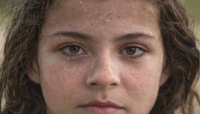 1girl,solo,long hair,looking at viewer,brown hair,1boy,brown eyes,closed mouth,male focus,lips,expressionless,portrait,close-up,freckles,realistic,nose,blurry,eyelashes,messy hair