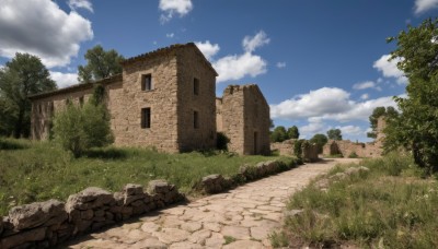 outdoors,sky,day,cloud,tree,blue sky,no humans,window,cloudy sky,grass,plant,building,nature,scenery,rock,road,bush,wall,ruins,house,path,stone wall,stone,overgrown