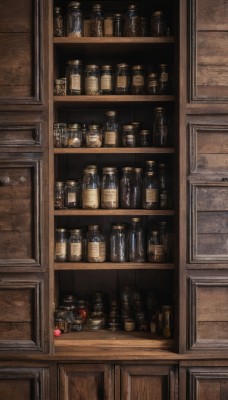 indoors,cup,no humans,bottle,scenery,realistic,shelf,jar,bar (place),still life,window,box,shop,cabinet