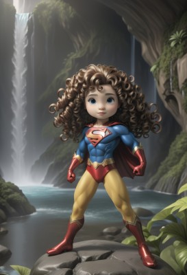 1girl,solo,long hair,looking at viewer,smile,blue eyes,brown hair,gloves,standing,full body,boots,outdoors,water,cape,flat chest,lips,bodysuit,muscular,abs,aged down,plant,red footwear,child,genderswap,genderswap (mtf),clenched hands,legs apart,curly hair,toned,rock,muscular female,red cape,superhero,waterfall,cliff,leotard,leaf,red gloves,female child