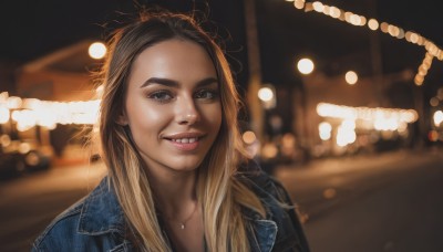 1girl,solo,long hair,looking at viewer,smile,blonde hair,brown hair,jewelry,jacket,upper body,multicolored hair,parted lips,teeth,necklace,blurry,lips,night,depth of field,blurry background,denim,messy hair,portrait,forehead,realistic,nose,leather,bokeh,denim jacket,blue eyes,outdoors,grin,thick eyebrows,lights