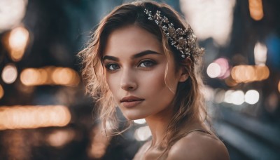 1girl,solo,long hair,looking at viewer,blue eyes,blonde hair,brown hair,black hair,hair ornament,bare shoulders,closed mouth,blurry,lips,looking to the side,grey eyes,depth of field,blurry background,portrait,freckles,realistic,nose,bokeh,jewelry,earrings,eyelashes,night,backlighting