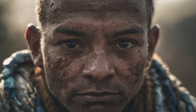 solo,looking at viewer,short hair,black hair,1boy,closed mouth,male focus,dark skin,blurry,black eyes,depth of field,blurry background,dark-skinned male,portrait,close-up,realistic,very short hair,dirty,dirty face,blue eyes,brown hair,tattoo,facial hair,beard,manly,facial tattoo