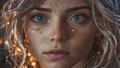 1girl,solo,long hair,looking at viewer,blue eyes,blonde hair,white hair,grey hair,parted lips,blurry,lips,eyelashes,portrait,light particles,close-up,freckles,realistic,nose,eye focus,teeth