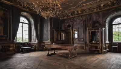 day,indoors,tree,book,no humans,window,chair,table,sunlight,plant,curtains,scenery,wooden floor,stairs,door,bookshelf,lamp,candle,carpet,candlestand,chandelier,wooden chair,painting (object),rug,cabinet,fireplace