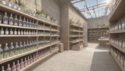 outdoors,sky,day,cloud,no humans,window,sunlight,bottle,plant,scenery,potted plant,shelf,jar,shop,barrel,indoors,wooden floor