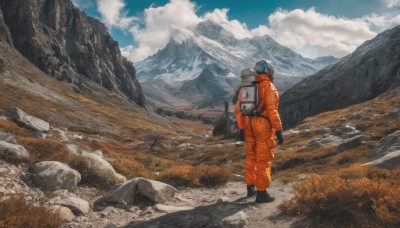 1girl,solo,gloves,standing,boots,outdoors,sky,day,black gloves,cloud,bag,from behind,black footwear,blue sky,shadow,backpack,helmet,cloudy sky,scenery,1other,walking,science fiction,rock,mountain,wide shot,landscape,ambiguous gender,spacesuit,space helmet,astronaut,1boy,pants,signature