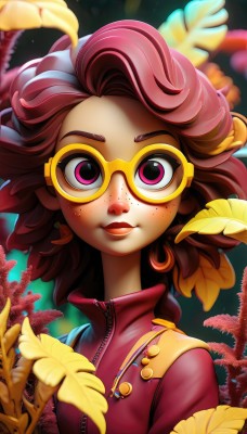 1girl,solo,looking at viewer,smile,short hair,brown hair,jewelry,closed mouth,purple eyes,upper body,pink hair,flower,earrings,glasses,artist name,dark skin,medium hair,pink eyes,blurry,dark-skinned female,lips,makeup,leaf,watermark,lipstick,goggles,web address,zipper,freckles,curly hair,yellow flower,yellow-framed eyewear,jacket,multicolored hair,necklace