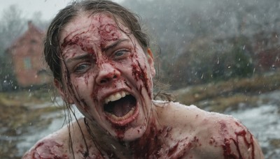 1girl,solo,looking at viewer,open mouth,blue eyes,brown hair,black hair,1boy,nude,outdoors,teeth,blurry,blood,blurry background,portrait,blood on face,realistic,short hair,collarbone,upper body,male focus,tongue,black eyes,grey eyes,depth of field,single hair bun,messy hair,snow,rain,veins,injury,snowing,blood splatter