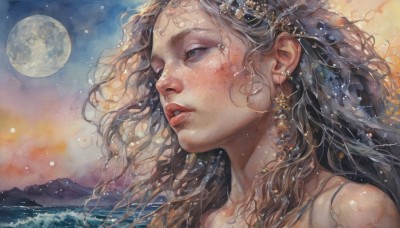 1girl,solo,long hair,blue eyes,brown hair,hair ornament,brown eyes,jewelry,earrings,outdoors,parted lips,sky,water,lips,eyelashes,night,ocean,wavy hair,looking away,traditional media,moon,portrait,star (sky),night sky,full moon,freckles,realistic,nose,painting (medium),watercolor (medium),black hair,bare shoulders,facial mark,mountain,looking afar,waves