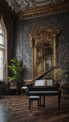 day,indoors,tree,no humans,window,chair,table,sunlight,plant,curtains,instrument,scenery,wooden floor,stairs,potted plant,statue,painting (object),piano,chandelier,grand piano,music,playing instrument