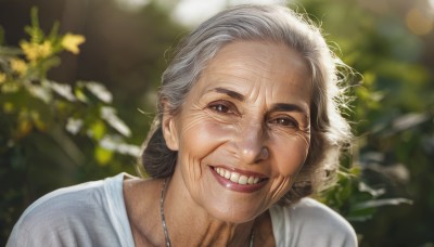 1girl,solo,looking at viewer,smile,shirt,brown eyes,jewelry,white shirt,grey hair,outdoors,teeth,day,necklace,grin,blurry,lips,depth of field,blurry background,portrait,realistic,old,old woman,wrinkled skin,open mouth,1boy,male focus,black eyes