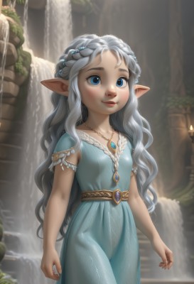 1girl,solo,long hair,smile,blue eyes,dress,jewelry,very long hair,braid,grey hair,outdoors,pointy ears,belt,water,necklace,blurry,flat chest,lips,see-through,loli,no panties,blue dress,wavy hair,elf,pendant,realistic,nose,crown braid,waterfall,breasts,looking at viewer,blush,closed mouth,short sleeves,small breasts,artist name,blurry background,thick eyebrows,gem