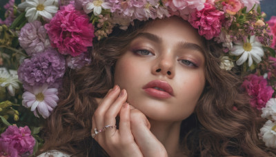 1girl, solo, long hair, looking at viewer, brown hair, brown eyes, jewelry, flower, parted lips, lips, wavy hair, ring, white flower, portrait, pink flower, freckles, realistic, purple flower