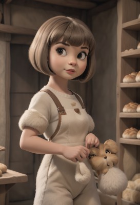 1girl,solo,breasts,smile,short hair,bangs,brown hair,shirt,holding,brown eyes,closed mouth,standing,white shirt,short sleeves,cowboy shot,small breasts,food,artist name,indoors,lips,fur trim,animal,bob cut,child,freckles,dog,nose,basket,female child,overalls,bread,shelf,potato,looking to the side