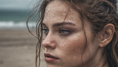 1girl, solo, long hair, blue eyes, brown hair, sweat, parted lips, blurry, lips, wet, blurry background, portrait, close-up, realistic, nose, wet hair