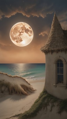 outdoors,sky,cloud,water,tree,no humans,window,night,ocean,beach,moon,grass,building,star (sky),night sky,scenery,full moon,starry sky,sand,door,horizon,house,waves,shore,cloudy sky