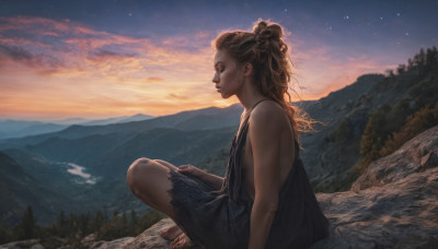 1girl, solo, long hair, breasts, brown hair, dress, bare shoulders, sitting, small breasts, outdoors, sky, barefoot, cloud, tree, lips, night, star (sky), nature, starry sky, sunset, mountain, realistic