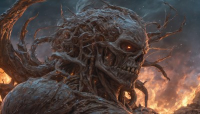 solo,red eyes,outdoors,sky,teeth,orange eyes,no humans,glowing,fire,glowing eyes,tentacles,1other,skull,monster,giant,extra eyes,alien,embers,eldritch abomination,cloud,tree,night,cloudy sky,scenery,skeleton