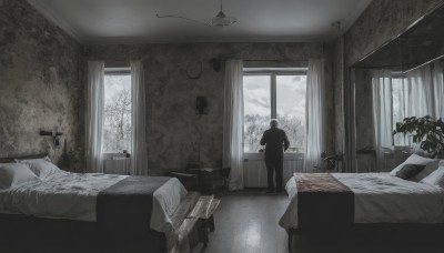 solo,1boy,standing,monochrome,greyscale,male focus,sky,day,cloud,indoors,from behind,tree,cup,pillow,book,window,bed,on bed,chair,table,plant,curtains,scenery,couch,desk,potted plant,lamp,bedroom,wide shot,cabinet,grey theme,snow,door,blanket,bare tree