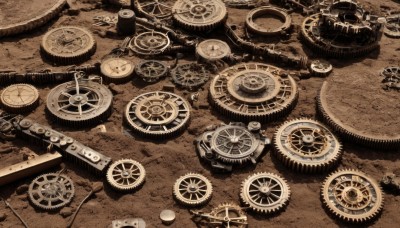 monochrome,weapon,sword,gun,no humans,from above,scenery,vehicle focus,gears,brown theme,wheel,steampunk,military,traditional media,ground vehicle,motor vehicle,military vehicle,tank,caterpillar tracks