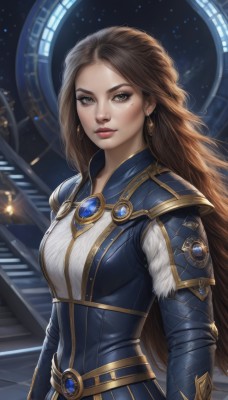 1girl,solo,long hair,breasts,looking at viewer,brown hair,long sleeves,dress,brown eyes,jewelry,closed mouth,upper body,earrings,artist name,armor,mole,lips,mole under eye,makeup,gem,star (sky),nose,red lips,medium breasts,very long hair,forehead,freckles,realistic