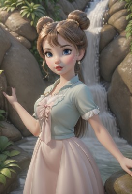 1girl,solo,long hair,breasts,looking at viewer,blush,smile,bangs,blue eyes,skirt,brown hair,shirt,hat,dress,holding,jewelry,medium breasts,standing,collarbone,short sleeves,earrings,outdoors,parted lips,teeth,day,artist name,water,hair bun,white dress,lips,double bun,blue shirt,plant,nature,headwear removed,hat removed,rock,straw hat,holding clothes,holding hat,waterfall,hair ornament,twintails,hand up,necklace,leaf,freckles,long skirt,basket,red lips