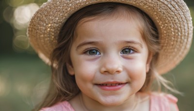 1girl,solo,long hair,looking at viewer,smile,open mouth,blue eyes,brown hair,hat,parted lips,teeth,blurry,lips,grey eyes,depth of field,blurry background,portrait,lens flare,realistic,straw hat,bokeh,brown eyes,green eyes,eyelashes,sun hat