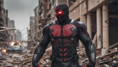 solo,red eyes,1boy,upper body,male focus,outdoors,belt,armor,blurry,bodysuit,blurry background,glowing,ground vehicle,building,glowing eyes,motor vehicle,science fiction,city,car,ruins,tokusatsu,weapon,signature,superhero,power armor,photo background,black armor