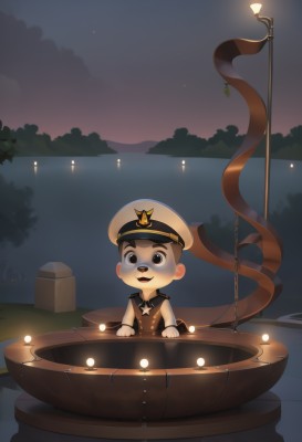 solo,looking at viewer,smile,short hair,open mouth,black hair,1boy,hat,brown eyes,male focus,outdoors,sky,water,chibi,uniform,black eyes,tree,military,military uniform,night,parody,star (sky),night sky,peaked cap,military hat,lamp,watercraft,lamppost,sailor,boat,blush,brown hair,shirt,:d,teeth,striped,signature,sailor collar,star (symbol),starry sky,lighthouse