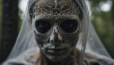 solo,looking at viewer,1boy,male focus,blurry,black eyes,mask,depth of field,blurry background,portrait,veil,close-up,skull,realistic,bridal veil,straight-on,silk,spider web,horror (theme),1girl