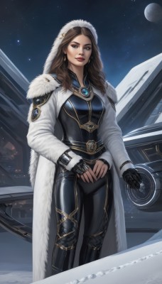 1girl,solo,long hair,breasts,looking at viewer,brown hair,gloves,brown eyes,jewelry,standing,earrings,outdoors,sky,black gloves,belt,pants,hood,fingerless gloves,armor,lips,coat,fur trim,bodysuit,makeup,night,moon,lipstick,ground vehicle,star (sky),snow,hood up,starry sky,snowing,black bodysuit,white coat,winter clothes,red lips,space,leather,winter,fur-trimmed hood,long sleeves,medium breasts,gem,night sky,cloak,science fiction,realistic,nose,planet,spacecraft