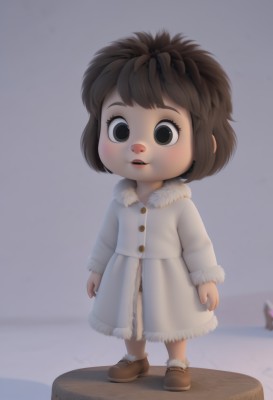 1girl,solo,looking at viewer,short hair,open mouth,brown hair,long sleeves,brown eyes,standing,full body,parted lips,shoes,teeth,blurry,black eyes,lips,coat,fur trim,blurry background,brown footwear,child,white coat,female child,tree stump,blush,mary janes,realistic