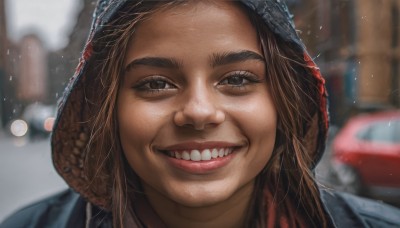 1girl,solo,looking at viewer,smile,open mouth,brown hair,hat,brown eyes,outdoors,teeth,hood,grin,blurry,lips,depth of field,blurry background,thick eyebrows,ground vehicle,portrait,motor vehicle,hood up,snowing,realistic,nose,car,long hair,1boy,:d,male focus,eyelashes,parody,close-up,meme,beanie