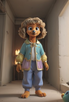 solo,looking at viewer,smile,short hair,open mouth,brown hair,shirt,hair ornament,long sleeves,1boy,brown eyes,standing,jacket,full body,male focus,barefoot,pants,indoors,dark skin,black eyes,blue jacket,child,furry,curly hair,door,blue pants,furry male,male child,alley,animal ears,white shirt,open clothes,teeth,artist name,open jacket,buttons,messy hair,arms at sides,creature,animal nose,brown fur