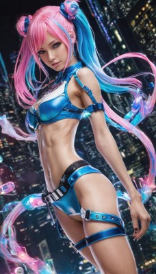 1girl,solo,long hair,breasts,looking at viewer,bangs,blue eyes,navel,twintails,jewelry,medium breasts,very long hair,closed mouth,blue hair,standing,swimsuit,pink hair,bikini,multicolored hair,cowboy shot,earrings,midriff,belt,artist name,hair bun,nail polish,two-tone hair,lips,double bun,makeup,thigh strap,night,piercing,black nails,blue bikini,toned,blue panties,city,realistic,smile,bare shoulders,from side,watermark,building,ear piercing,web address