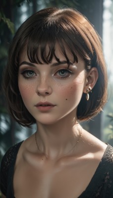 1girl,solo,breasts,looking at viewer,short hair,bangs,blue eyes,brown hair,shirt,cleavage,jewelry,collarbone,upper body,earrings,parted lips,necklace,mole,blurry,lips,grey eyes,black shirt,eyelashes,mole under eye,makeup,depth of field,blurry background,piercing,sunlight,bob cut,portrait,freckles,realistic,nose,mole on cheek,blush,green eyes,teeth,mole under mouth,mole on neck