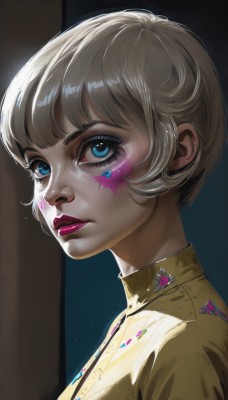 1girl,solo,looking at viewer,short hair,bangs,blue eyes,blonde hair,shirt,closed mouth,upper body,parted lips,shiny,artist name,star (symbol),from side,lips,eyelashes,makeup,facial mark,lipstick,portrait,eyeshadow,yellow shirt,pink lips,nose,red lips,eyeliner,facepaint,mascara,simple background,jacket,teeth,uniform,looking to the side,military,military uniform,black background,epaulettes,realistic