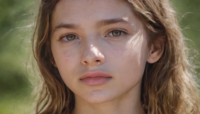 1girl,solo,long hair,looking at viewer,blonde hair,brown hair,brown eyes,closed mouth,blurry,lips,depth of field,blurry background,expressionless,portrait,close-up,freckles,realistic,nose,eyelashes,sunlight