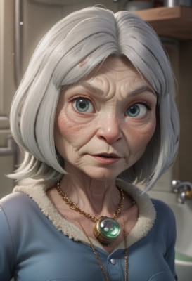 1girl,solo,breasts,looking at viewer,short hair,blue eyes,shirt,jewelry,medium breasts,green eyes,collarbone,upper body,white hair,grey hair,parted lips,teeth,indoors,necklace,blurry,lips,fur trim,eyelashes,blurry background,blue shirt,pendant,realistic,nose,old,old woman,wrinkled skin,artist name,watermark,scar,gem,web address,veins,deviantart username