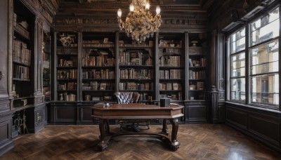 day,indoors,cup,book,no humans,window,chair,table,sunlight,bottle,plant,scenery,drinking glass,wooden floor,bookshelf,lamp,candle,stool,shelf,library,bar (place),candlestand,ceiling light,reflective floor,chandelier,wooden table,painting (object)