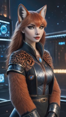 1girl,solo,long hair,breasts,looking at viewer,bangs,brown hair,gloves,animal ears,brown eyes,jewelry,medium breasts,jacket,earrings,outdoors,black gloves,belt,pants,artist name,necklace,blurry,lips,black jacket,fox ears,makeup,night,blurry background,fox tail,lipstick,brooch,fox girl,gem,furry,buckle,freckles,furry female,red lips,yellow eyes,upper body,orange hair,orange eyes,animal ear fluff,animal print,extra ears,eyeshadow,city,fur,leopard print,city lights