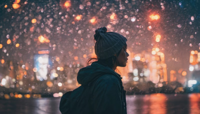 1girl, solo, black hair, hat, jacket, upper body, outdoors, hood, blurry, from side, profile, night, depth of field, blurry background, hood down, beanie, earphones, bokeh, city lights