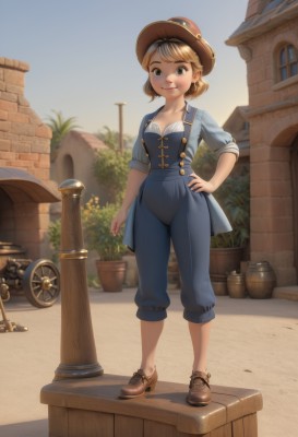 1girl,solo,breasts,looking at viewer,smile,short hair,bangs,blue eyes,blonde hair,shirt,hat,cleavage,brown eyes,closed mouth,green eyes,standing,collarbone,full body,flower,outdoors,sky,shoes,day,pants,lips,hand on hip,window,heterochromia,brown footwear,suspenders,plant,building,sleeves rolled up,freckles,brown headwear,potted plant,overalls,brick wall,no socks,cowboy hat,flower pot,barrel,watering can,pavement,small breasts,high heels