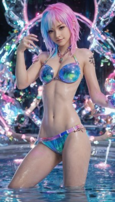 1girl,solo,breasts,looking at viewer,smile,blue eyes,navel,cleavage,jewelry,medium breasts,blue hair,standing,swimsuit,pink hair,bikini,multicolored hair,belt,water,necklace,two-tone hair,lips,tattoo,blue bikini,wading,realistic,pool,short hair,bangs,bare shoulders,closed mouth,cowboy shot,solo focus,artist name,medium hair,stomach,mole,blurry,wet,head tilt,shiny skin,watermark,piercing,light smile,web address,freckles,contrapposto,navel piercing,mole on thigh,multicolored bikini