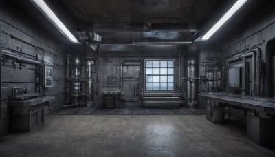 indoors,no humans,window,chair,scenery,door,hallway,ceiling light,industrial pipe,air conditioner,table,stairs,light,ceiling,cabinet