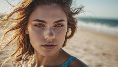 1girl,solo,long hair,looking at viewer,brown hair,brown eyes,outdoors,parted lips,sky,day,artist name,mole,blurry,lips,floating hair,depth of field,blurry background,ocean,watermark,beach,wind,portrait,freckles,realistic,nose,sand,mole on cheek,green eyes,water,eyelashes,thick eyebrows,close-up,shore